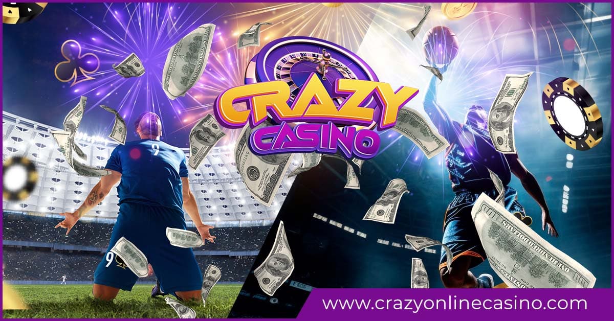 Crazy Casino collage featuring live dealer games, NBA, NFL, NHL sports betting, VIP rewards, and a step-by-step guide for an immersive gaming experience.
